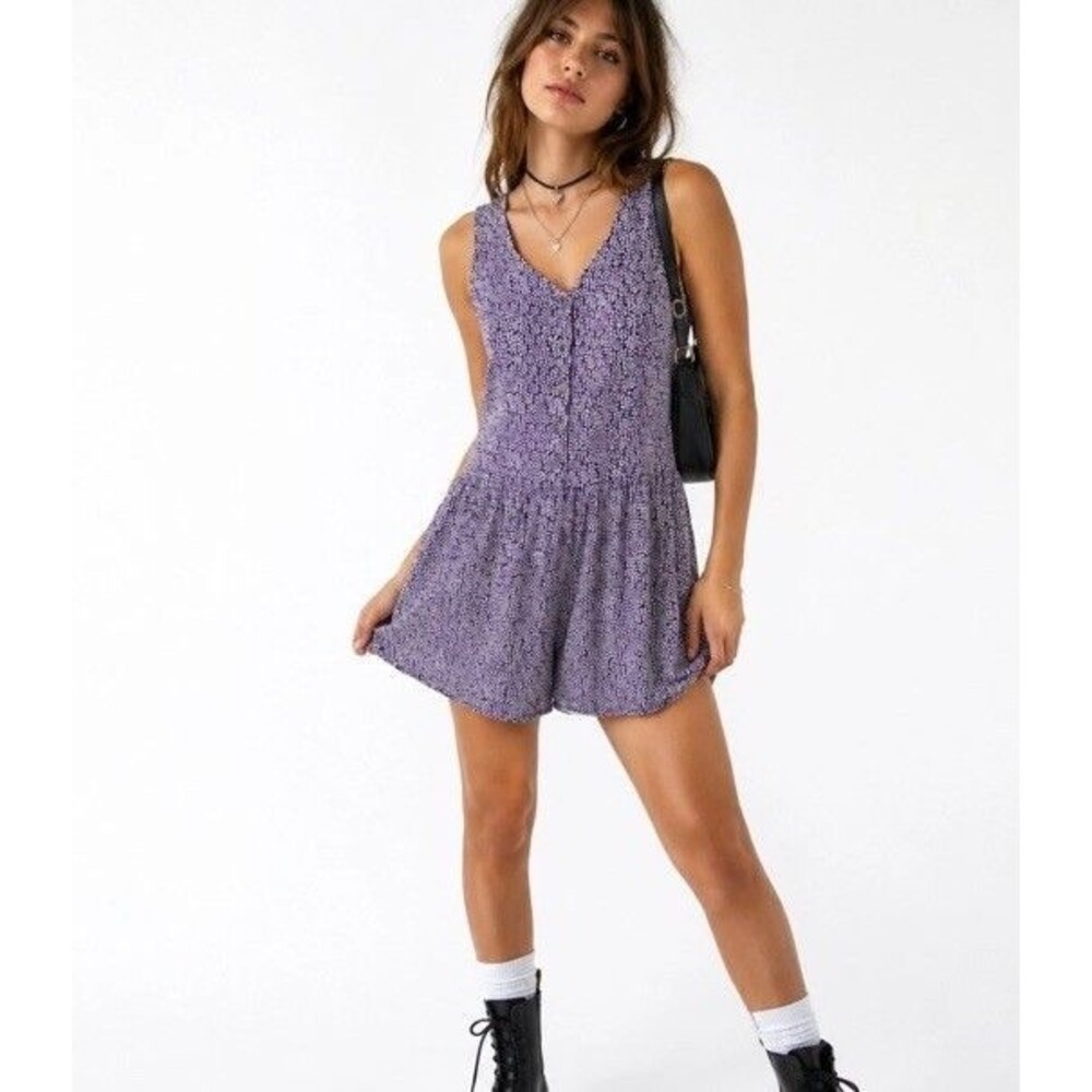 Vintage 90s Penny Lane Purple Daisy Floral Button Down Romper Womens Size Small